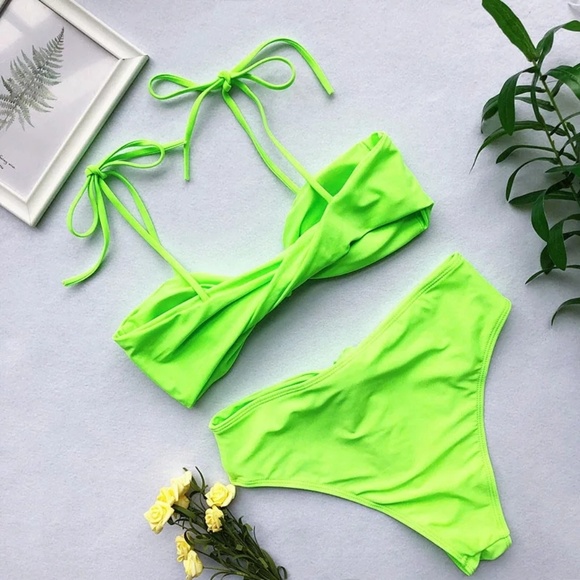 High Waist Neon Green Knotted Bikini Swimsuit - Picture 3 of 3